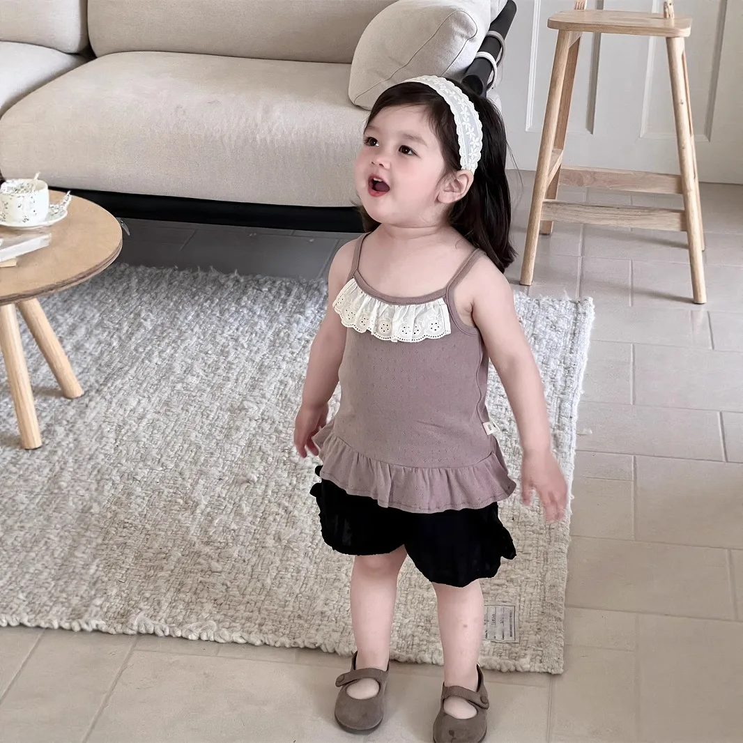 

Girls Suit 2025 Summer New Childrens Clothing Korean Style Girl Baby Cute Thin Halter Unlined Upper Garment Lace Shorts Two Sets