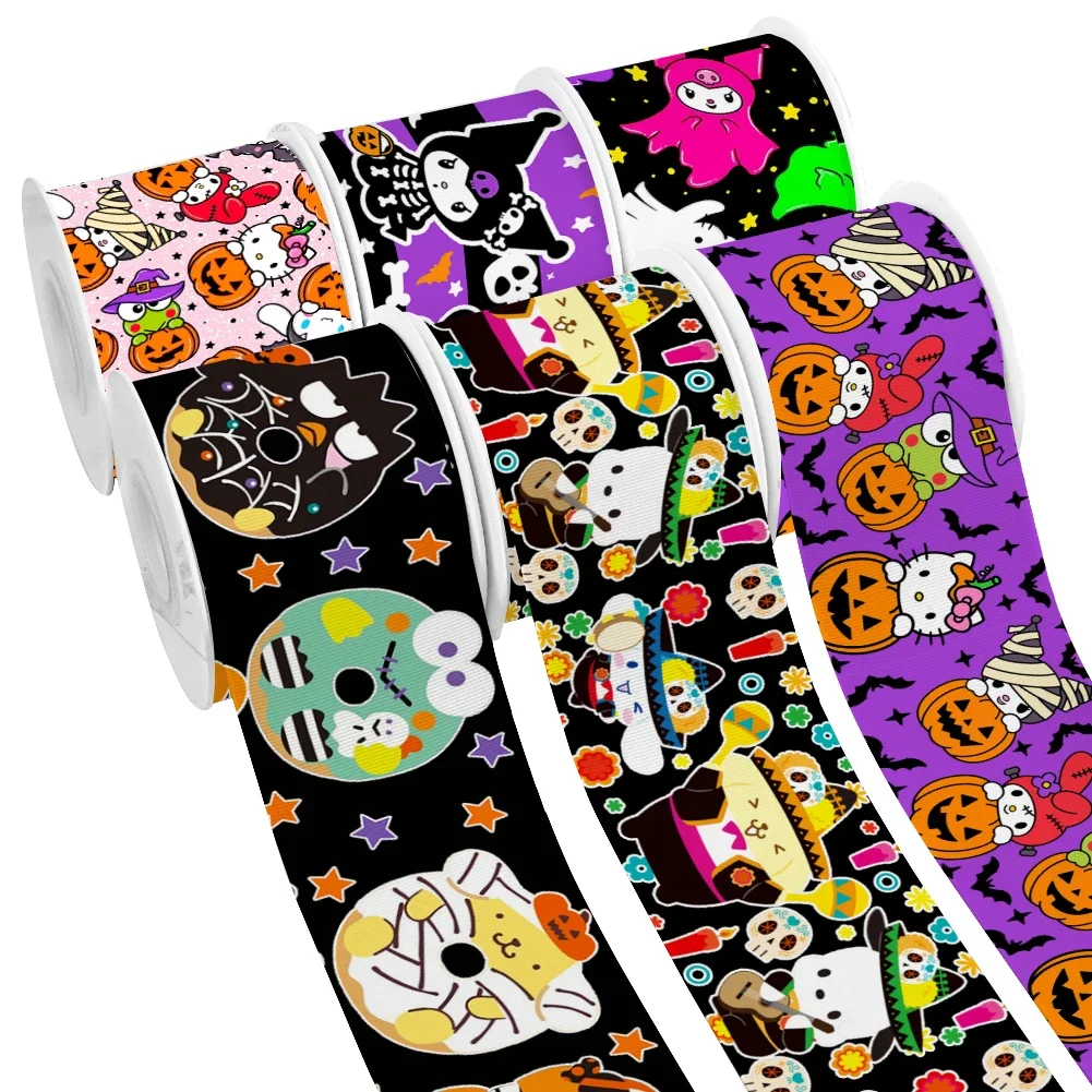 Halloween Sanrio Friends Cartoon Pttern Printed Grosgrain Satin Ribbon for Gift Wrapping Hair Bow Craft Accessory 50 Yards