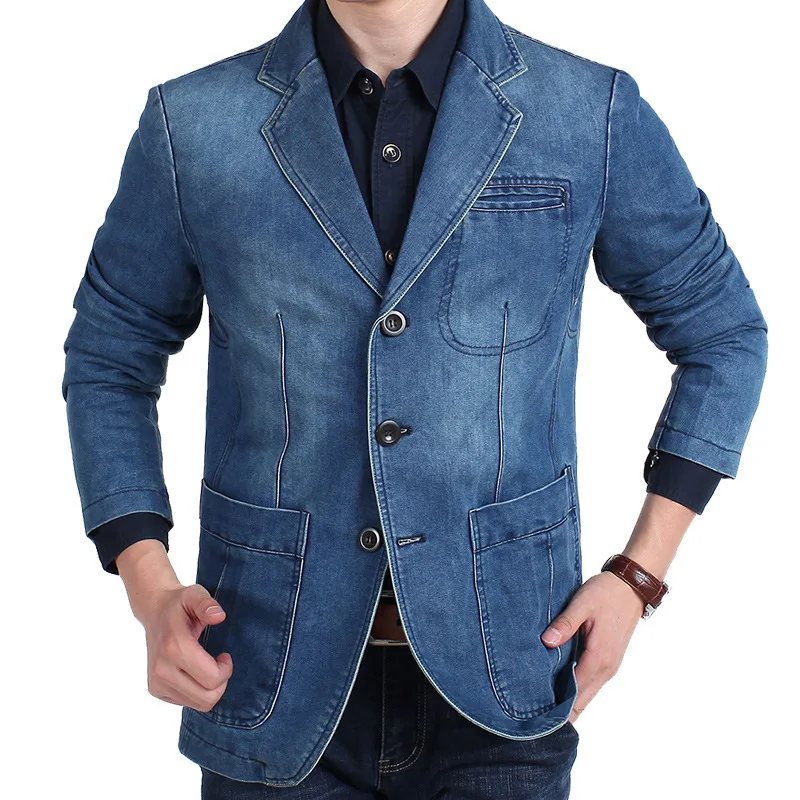 Autumn Blue Men's Denim Suit Jacket, Single-breasted V-neck Casual Coats, Black Gray Blazers S-XXXXL