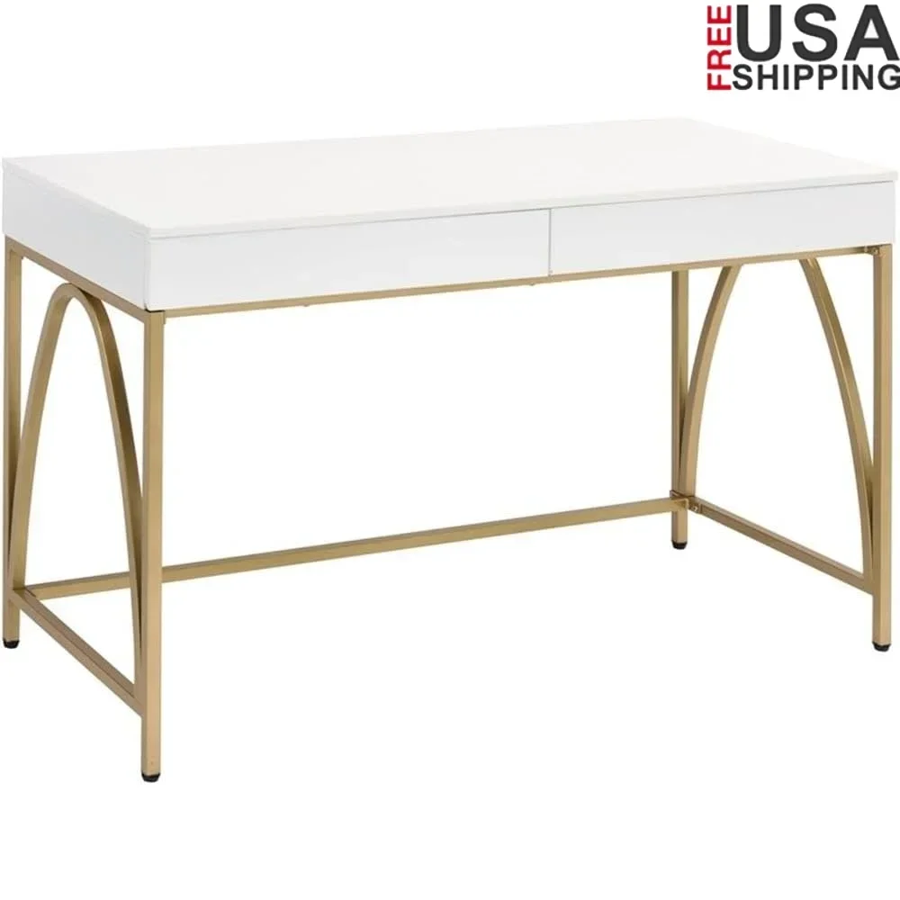 

Lightmane Wooden Top Writing Desk in White High Gloss and Gold