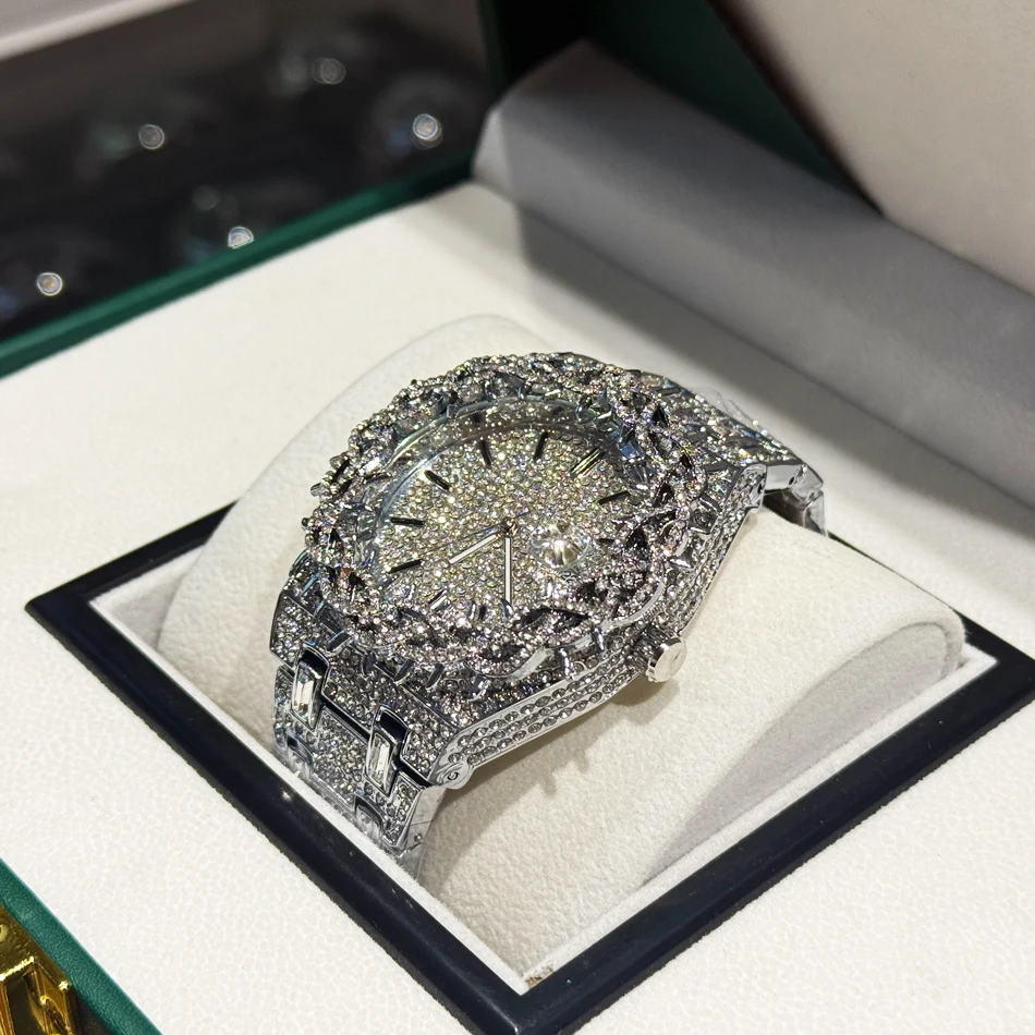 PINTIME شوكة تاج ساعات كوارتز موضة الهيب هوب مثلج ساعة اليد رجل قطرات الأعمال الفاخرة الكوارتز السادة ساعة