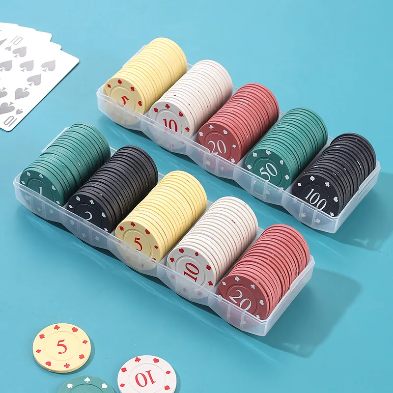 

100Pcs Portable Chess and Card Room Special Card Chip Coin Texas Hold'em Points Coin Waterproof Wear-Resistant With Round Box
