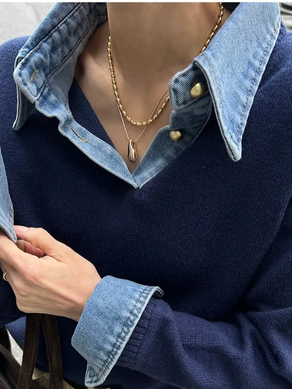 Lente nieuwe collectie losse dames gebreide trui denim patchwork nep tweedelige kraag faionable veelzijdig ontwerp