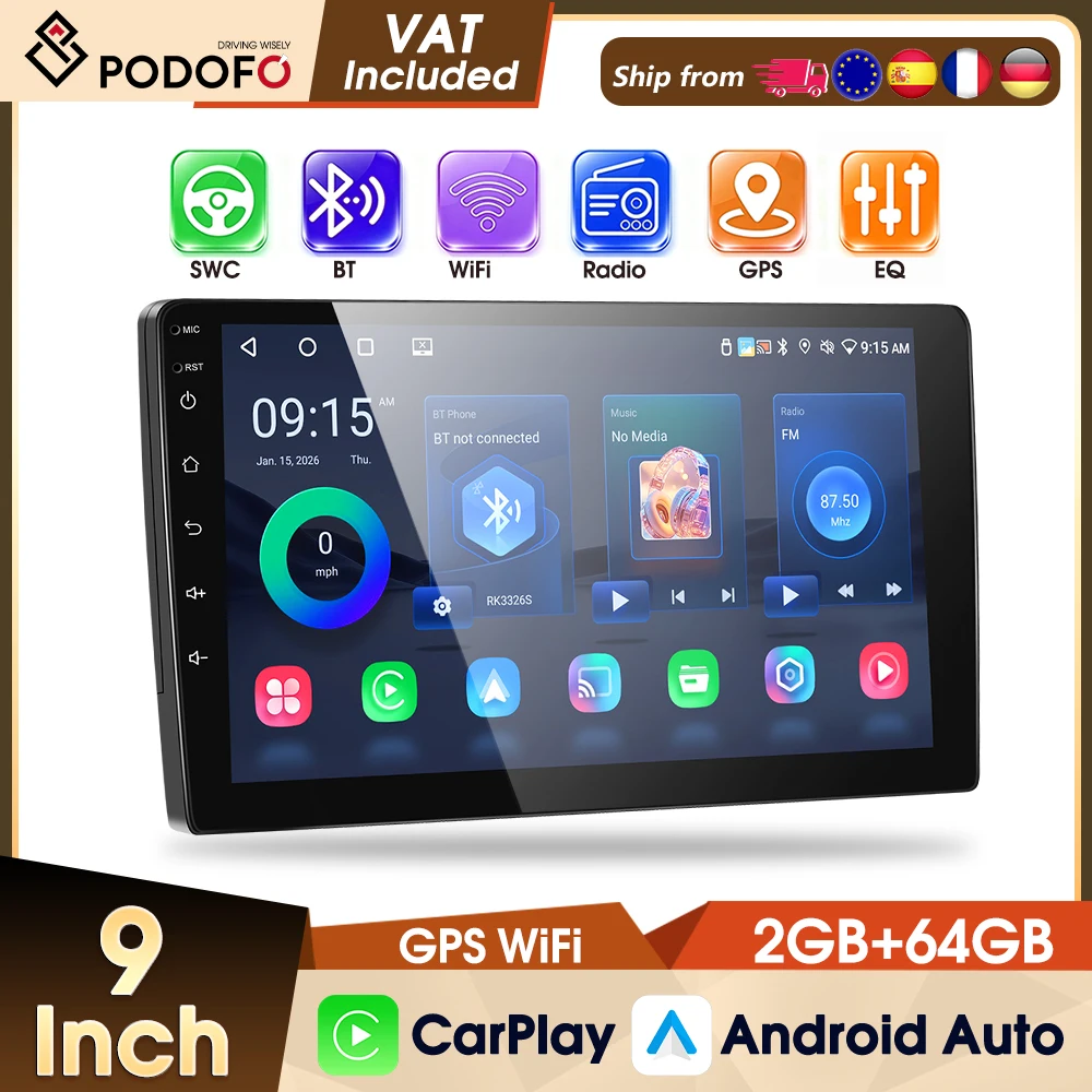 Podofo 2 Din 9" Lettore Multimediale Universale per Auto 4 Core 2+64G con FM, CarPlay Wireless, Android Auto, Schermo IPS, WIFI, GPS, FM RDS, Radio Stereo per Auto