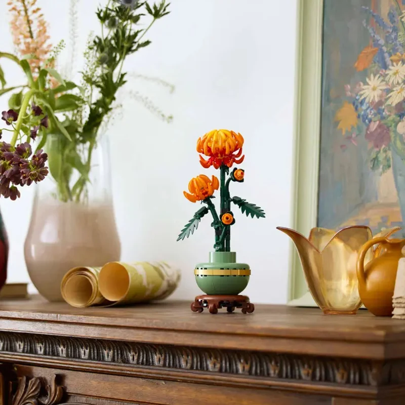 レゴブロック、金色の菊の束、積み木、盆栽、植物模型ブロック、ロマンチックな家庭用おもちゃ、子供用ギフト