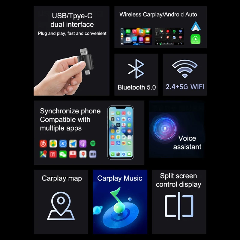 Беспроводной адаптер CarPlay 2 в 1, Android Auto, совместимый с Bluetooth 5.0, Wi-Fi Type-C/USB для OEM автомобильного стерео адаптера Plug and Play