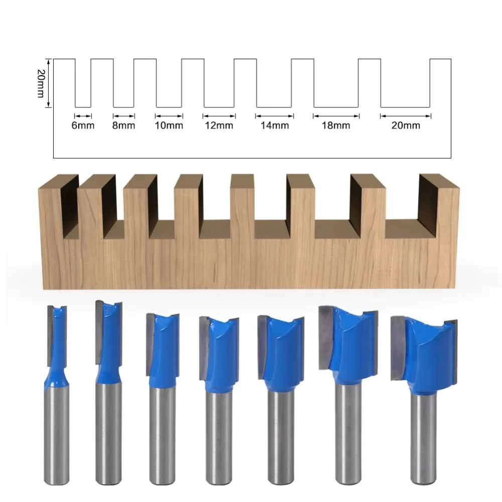 Slotting Straight Router Bit Set 8mm Shank Double-edged Carpenter Milling Cutter for Wood 6-20mm Cutting Dia Woodworking Tools