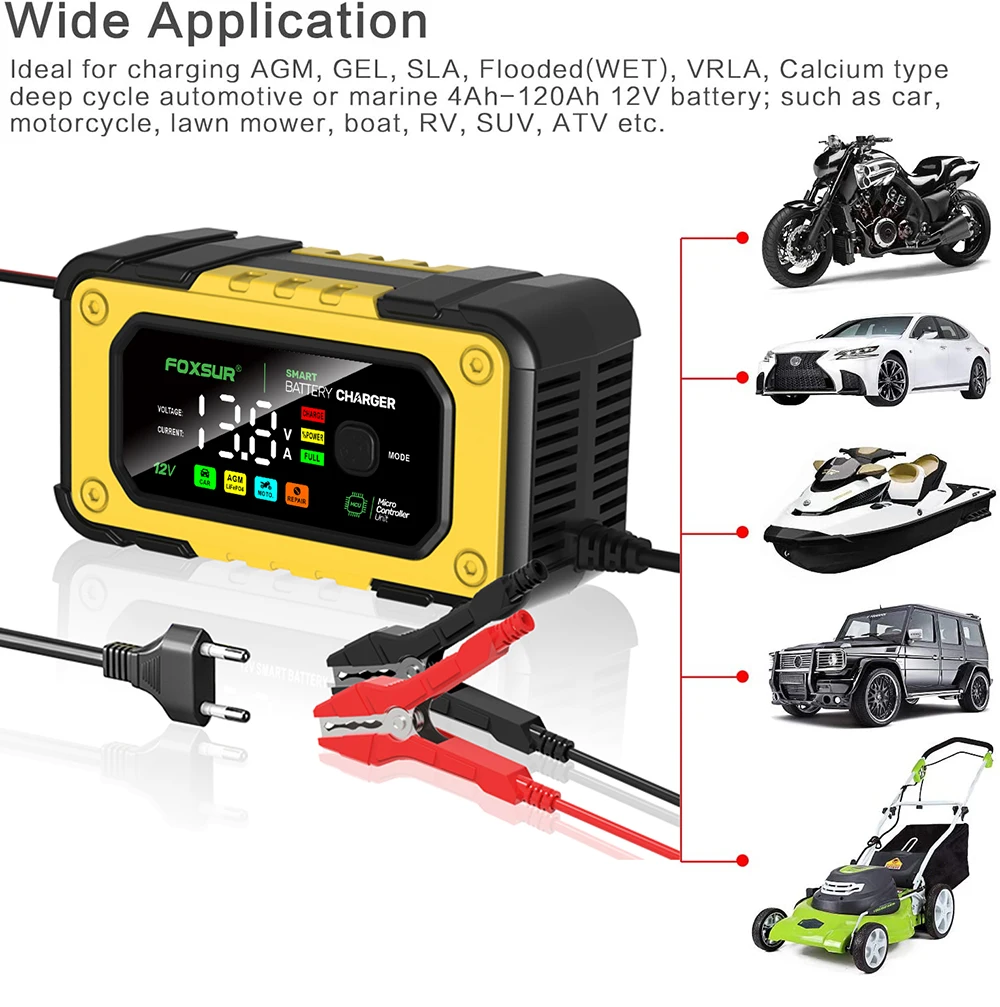 FOXSUR Car Battery Charger 12V 7A LCD Display Smart Fast Chagre Battery for Car Motor AGM GEL Deep Cycle Lead Acid Charger