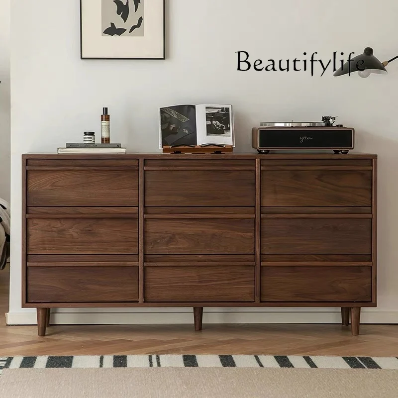 Modern Black Walnut Nine-Drawer Cabinet Nordic Retro Solid Wood Locker Bedroom Wall Bed Front Cabinet