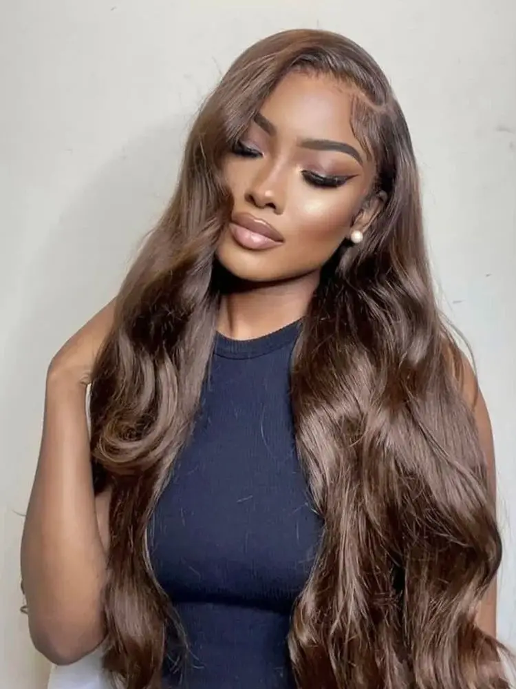 # 4 Schokoladenbraune, lange, gewellte brasilianische Echthaarperücke, 13x6 HD transparente Lace-Frontal, 6 Zoll tiefer Teil, vorgezupft, Babyhaar, kleberlos, sofort tragbar, 200 Dichte, 42 Zoll, für