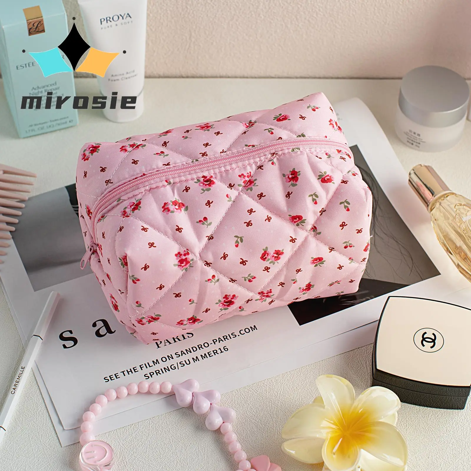 

MIROSIE-Portable Floral Makeup Bag with Large Capacity, Travel Wash Bag, Cosmetic Skin Care Product Storage Pouch, Fashion