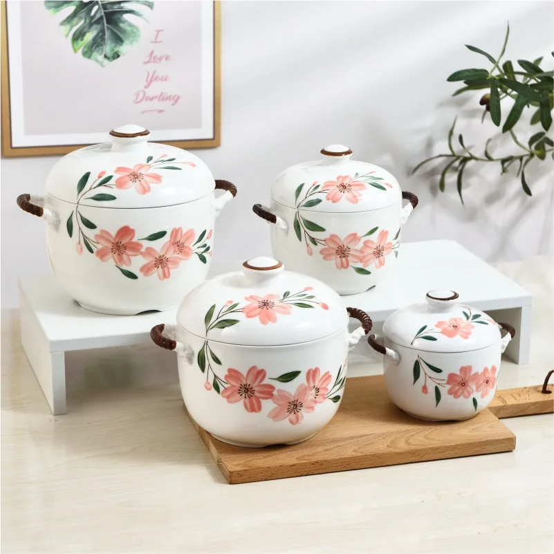 High temperature white porcelain stew pot 600 ml double ear sugar jar storage pot high dining table old porcelain pot with lid