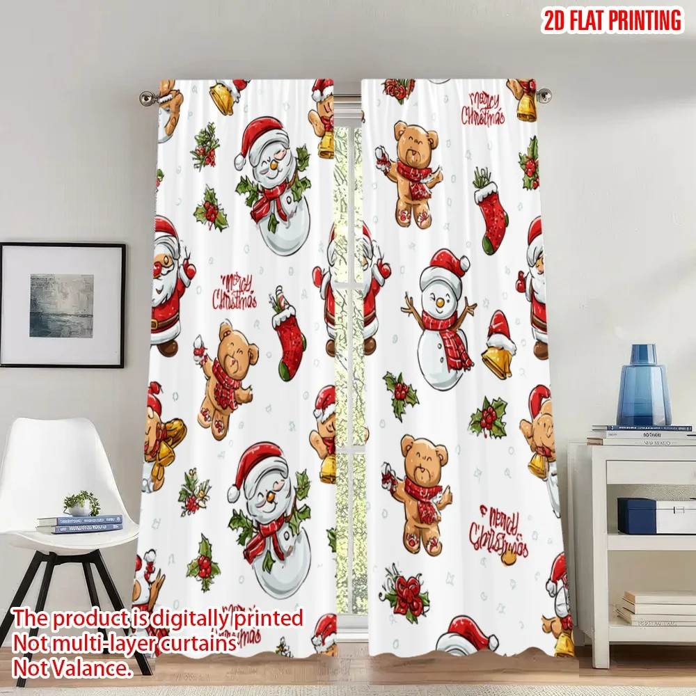 

2pcs 2D flat printing Merry Christmas Curtains Christmas Santa Snowman Bear Bells Digital Printed Polyester Drapes Family Party