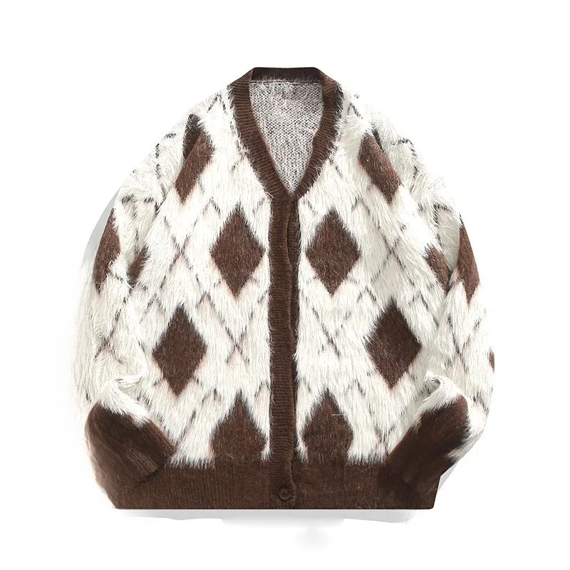 

American Sle V-Ne Open Cardigan Knitted Loose Casual Men's Faion Vintage Couple's Sweater Jaet Autumn Winter