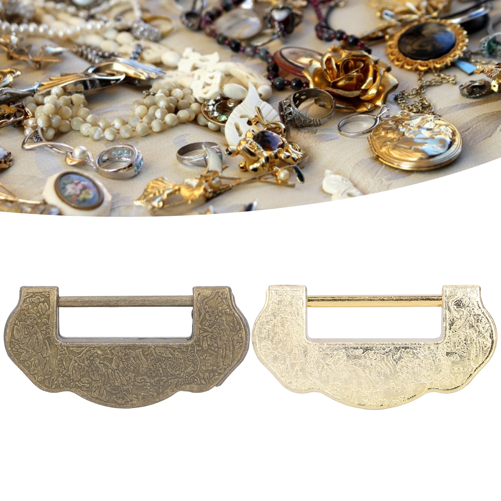 Chinese Carved Lock Set Ming Qing  Antique Brass Padlock for Cabinet Jewelry Box Hardware Accessory Lock Key Set Padlock