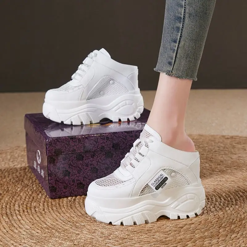 Fujin 12cm Air Mesh Genuine Leather Women Casual Platform Wedge Slipper Hidden Heel Summer Shoes Chunky Sneaker High Heel White