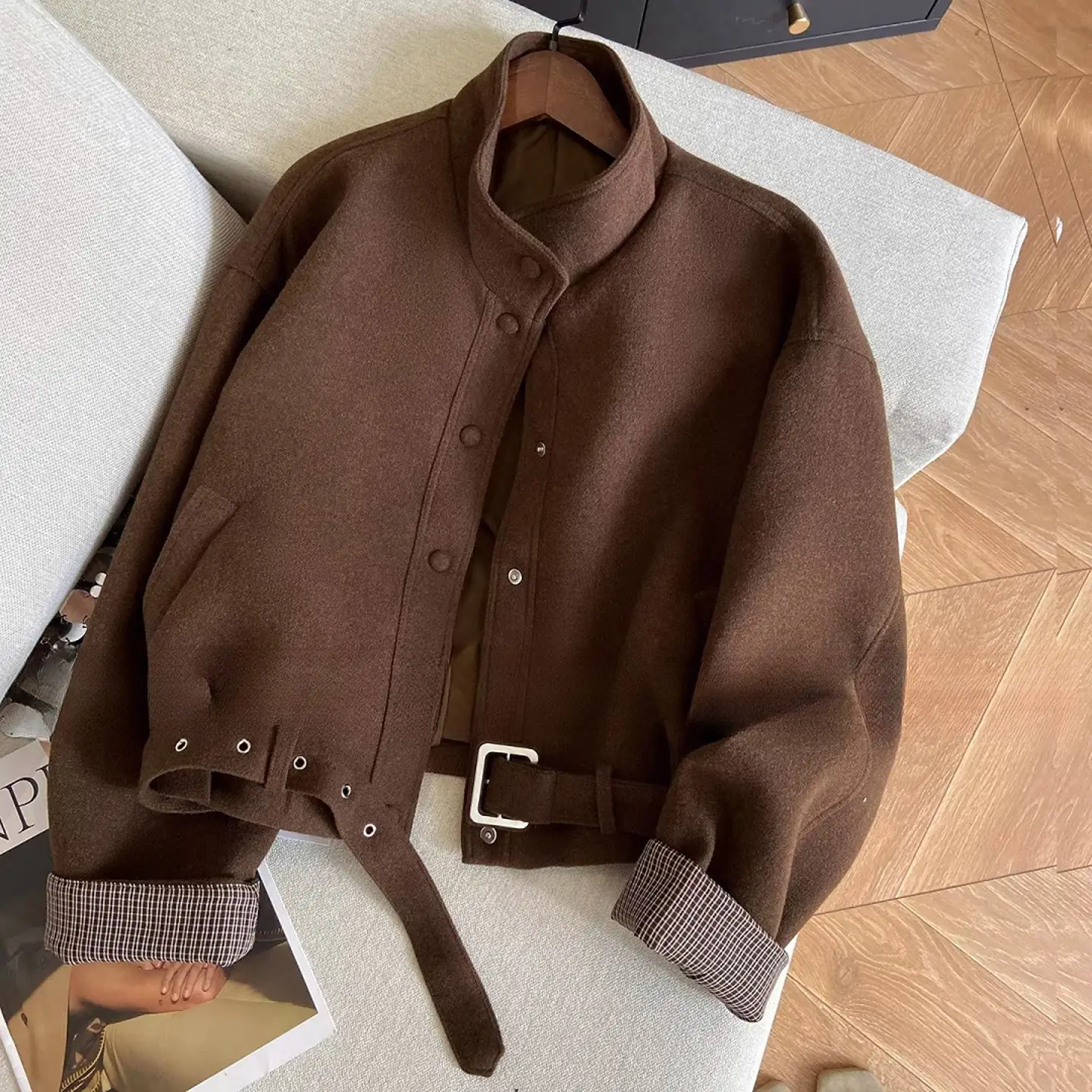 Vintage plaid spliced stand-up collar woolen jacket women's spring and autumn 2026 new Korean loose casual cropped jacket trend