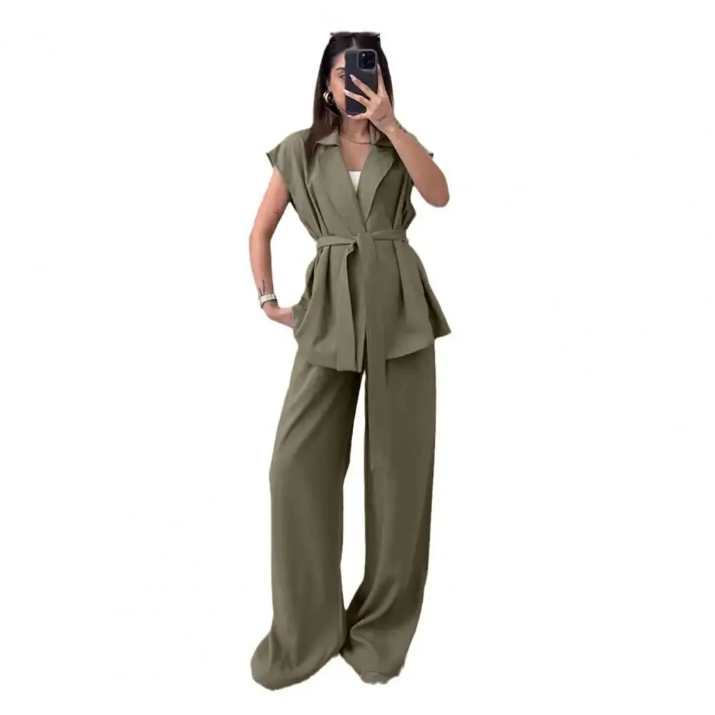 Women Clothing Elegant Women's Business Suit Set with V Neck Vest High Waist Pants Sleeveless Waistcoat with Lace-up for Office