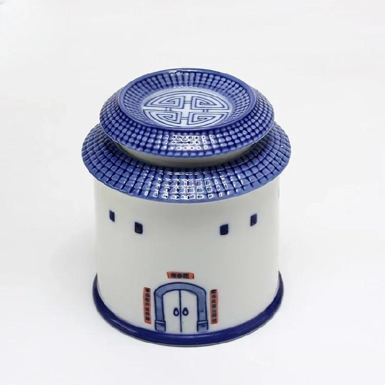 Hand-painted blue and white porcelain tulou wailongwu tea jar commemorative gift