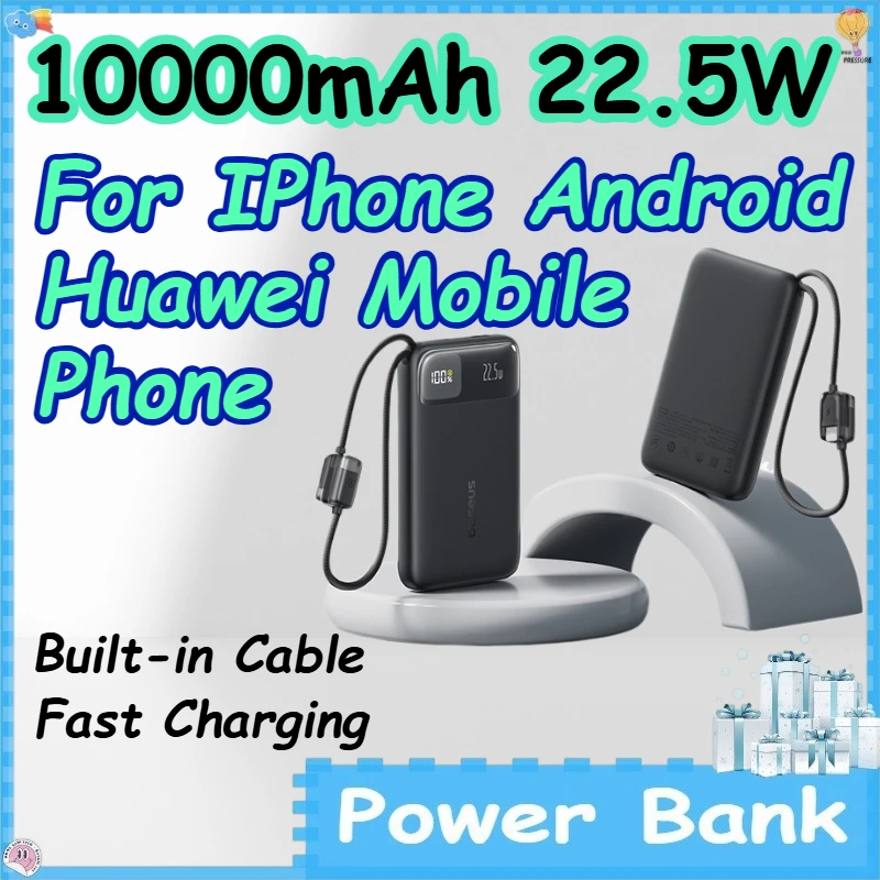 10000/20000mAh 22.5W Power Bank with Built-in Cable for IPhone Android Huawei Mobile Phone Fast Charging Powerbank