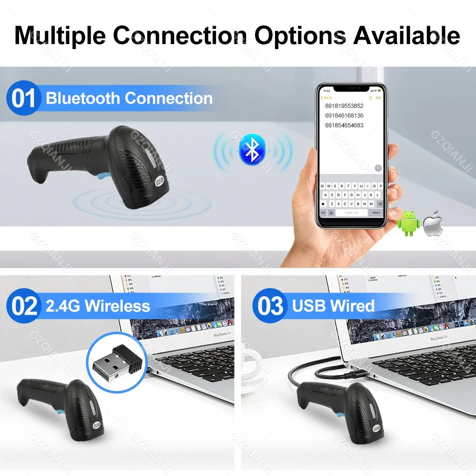 USB Wired/Wireless/ Bluetooth Barcode Scanner 1D/2D QR Code Handheld Reader for Inventory Factory Business Convenient Scanning