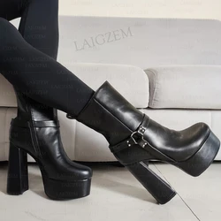 LAIGZEM Women Ankle Boots Platform Round Toe Thick High Heels Side Zip Up Short Booties Unisex Shoes Woman Big Size 41 44 46 52