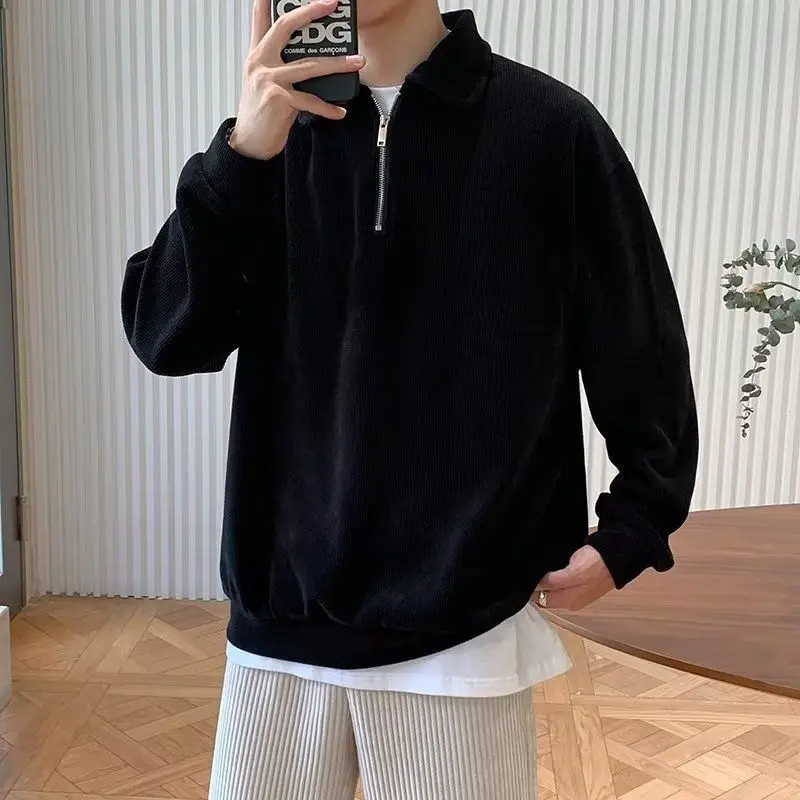 Lapel Zipper Sweater Knitwear Solid Color Pullover Men\'s Jumpers Vintage Long Sleeve Polo T-Shirts Japanese Oversized Sweater