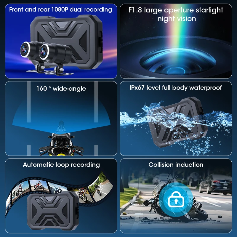 Develuck 1080P Motorcycle Camera DVR Full Body IPX7 Waterproof Moto Recording WiFi GPS Dash Cam Driving Video Recorder Black Box