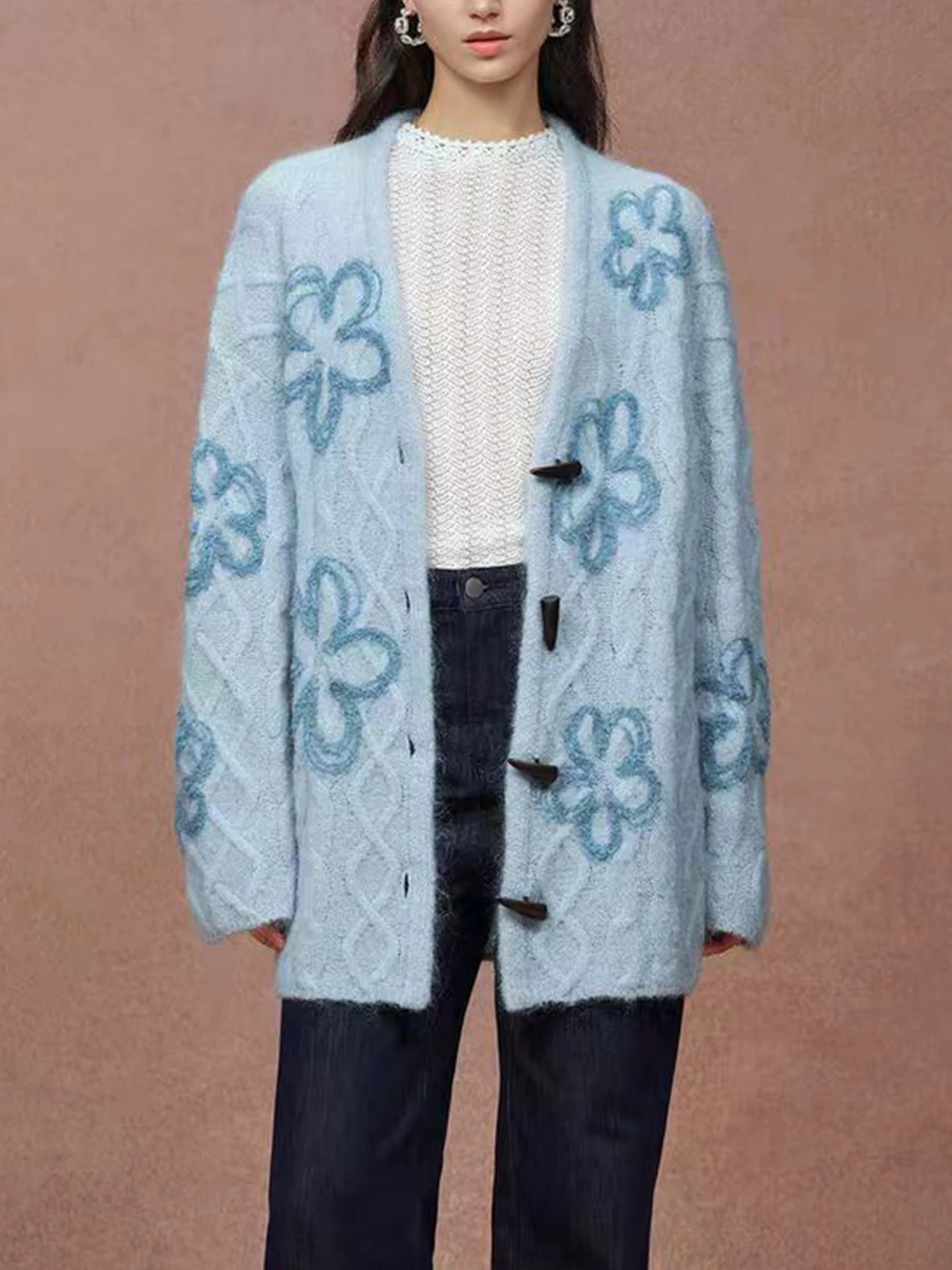 

Ele V-Ne Knitted Open Cardigan Women's Faion Autumn Winter Lazy Sle Embroidered Sweater French Sle Medium Softn