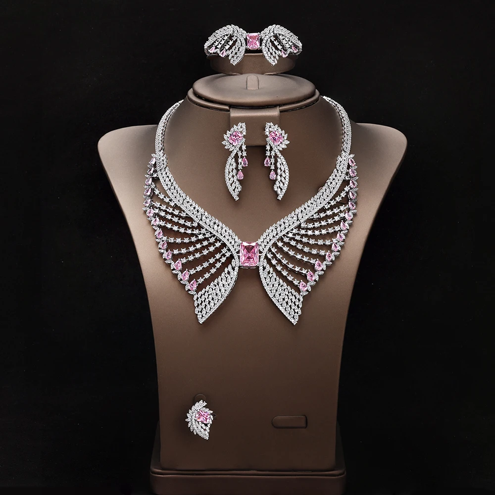 

Роскошный женский комплект свадебных украшений Дубай, Нигерия, свадебный комплект из 4 предметов, ожерелье, серьги, комплект ювелирных изделий с белым цирконием