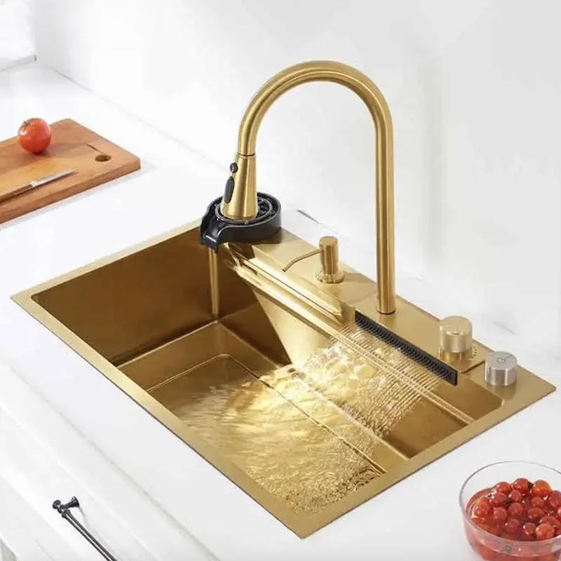 Gold Kitchen Sink Waterfall Faucet Nano Golden Sink Stainless Steel Golden Topmount Single Bowl Wash Basin with Cup Washer