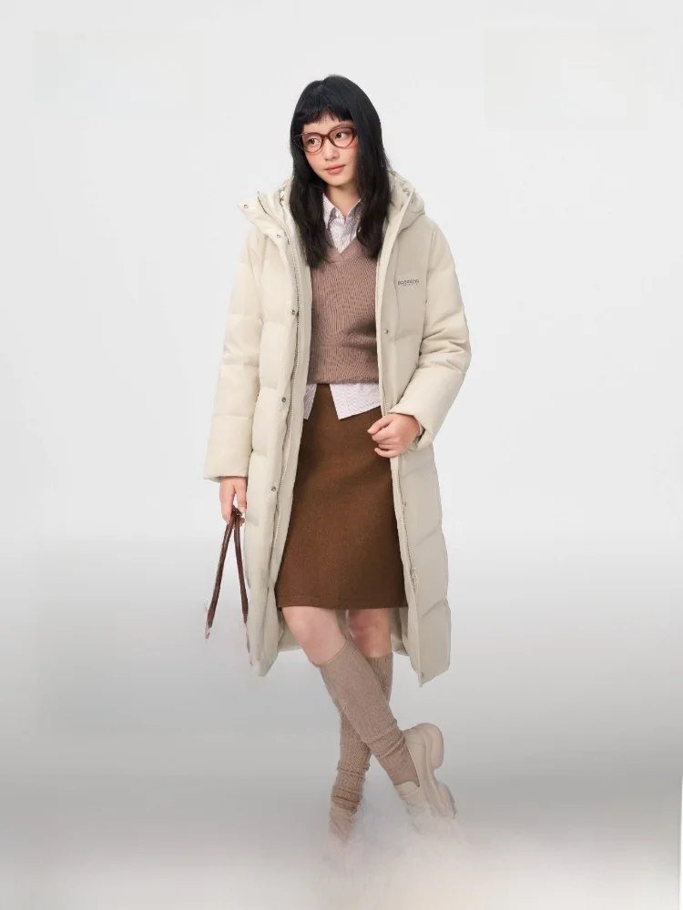 

Зимняя женская удлиненная пуховая куртка Bosideng 2025: теплая, для повседневной носки, с капюшоном, приталенная, из полиэстера