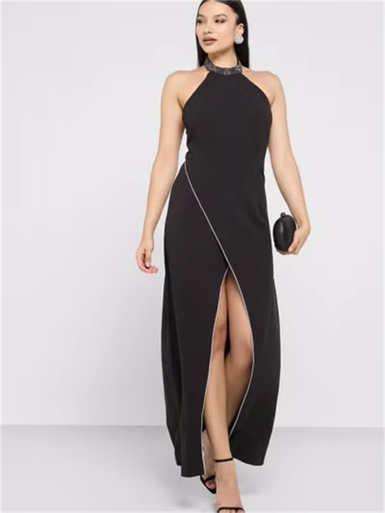 Robe de Soirée Noire à Manches sulfpour Femme, Tenue Formelle, Fente Latérale, Col Haut, Bal, Cocktail