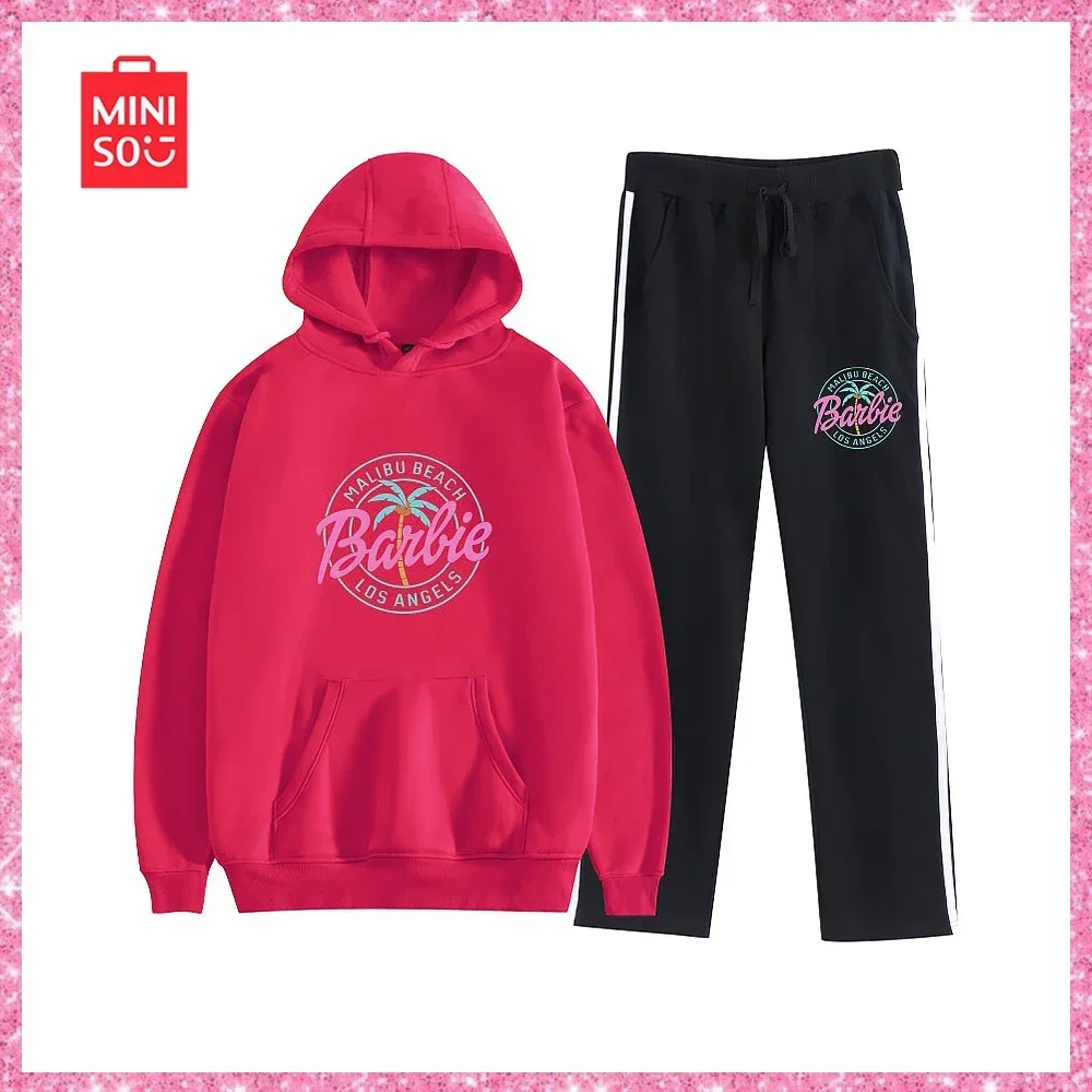 2024 Miniso Barbie Cartoon Printing Casual Sports Hoodie Set Sports Sweatshirt Sweatpants 2-Pcsy2K Sweet Cool Girl Birthday Gift