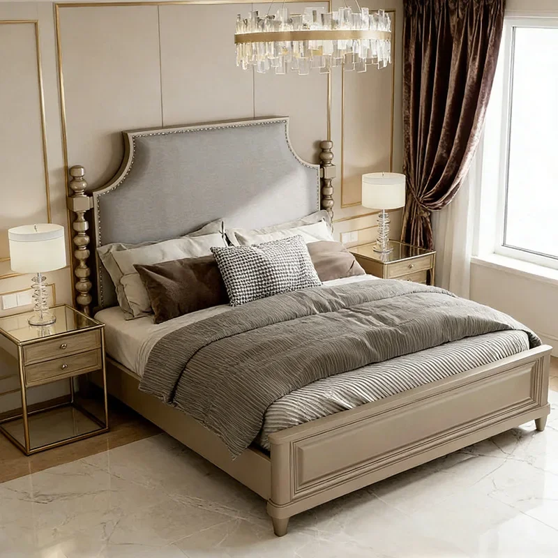 American light luxury Mori impression French carving high back pillar solid wood bed star Tinmec art furniture