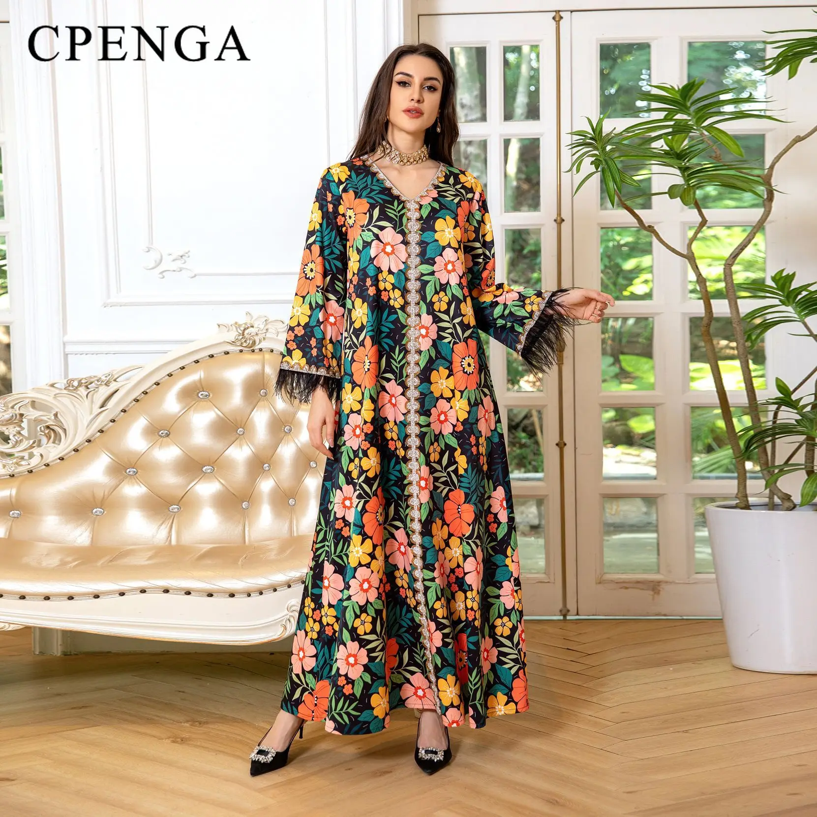 

Eid Floral Muslim Dress for Women Elegant Middle East Evening Party Jalabiya Arab Long Sleeve Clothing Islam Turkey Print Dress