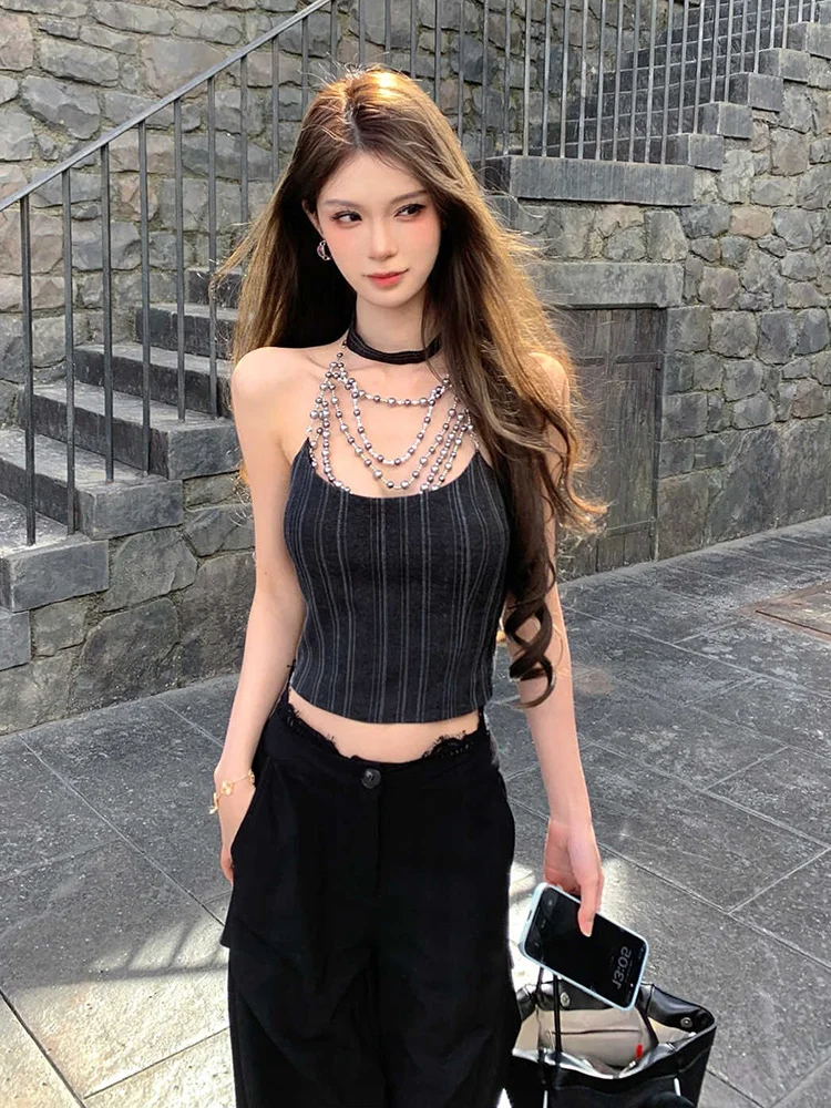 

Black Gothic Women's Y2k Crop Top Sleeveless Off Shoulder 2025 Summer Fashion Streetwear Casual Chic Vintage Camisole Tank Tops
