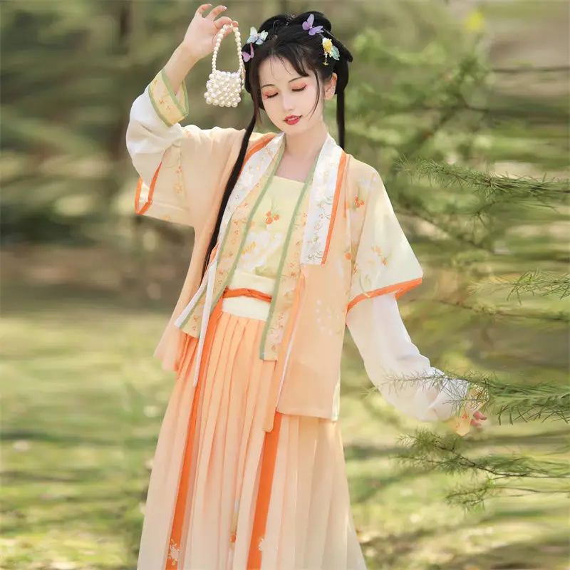 Chinese Traditional Hanfu Dress Suit with Half-sleeve Clear One-piece Pleated Skirt Spring and Summer Style Coaplay Costumes