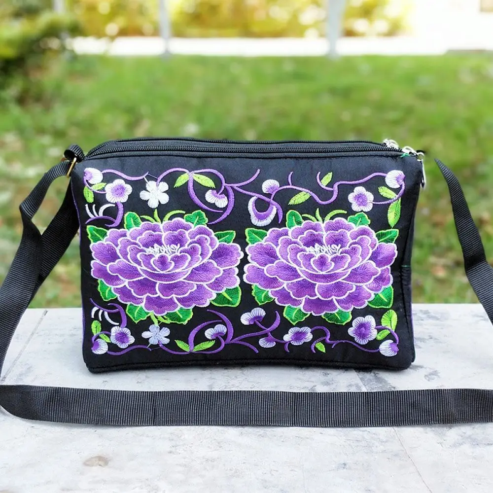 Elegant Double Sided Embroidery Canvas Bag Women Ethnic Floral Shoulder Messenger Crossbody Purse Fashion Handbag