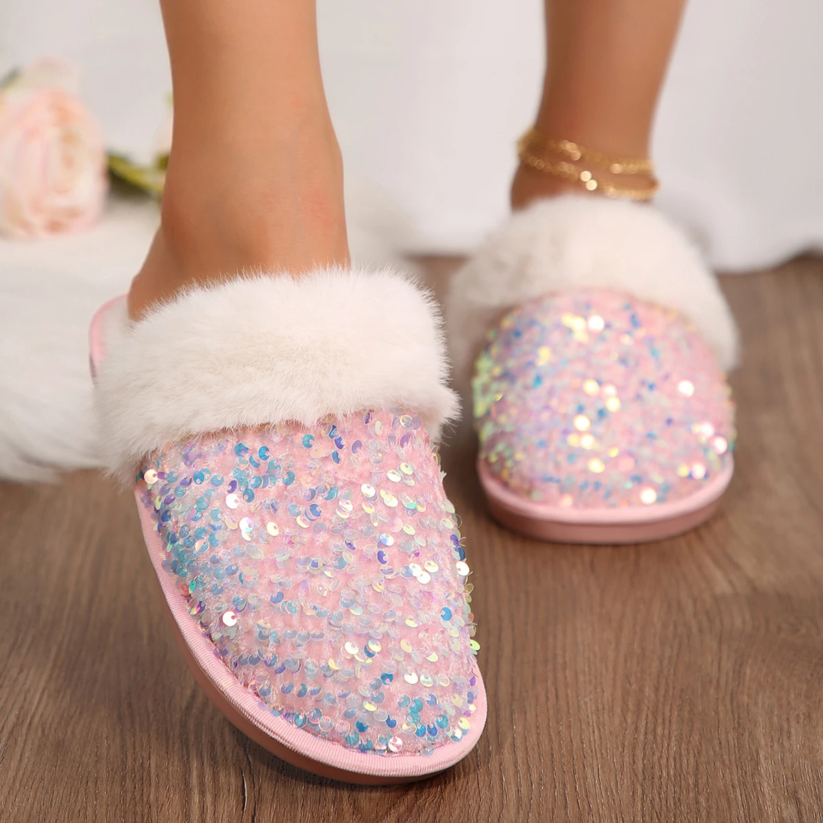 Shining Sequins Home Fur Slippers Women 2024 Winter Warm Plush Flat Cotton Shoes Woman Indoor Bedroom Soft Sole Fluffy Slippers