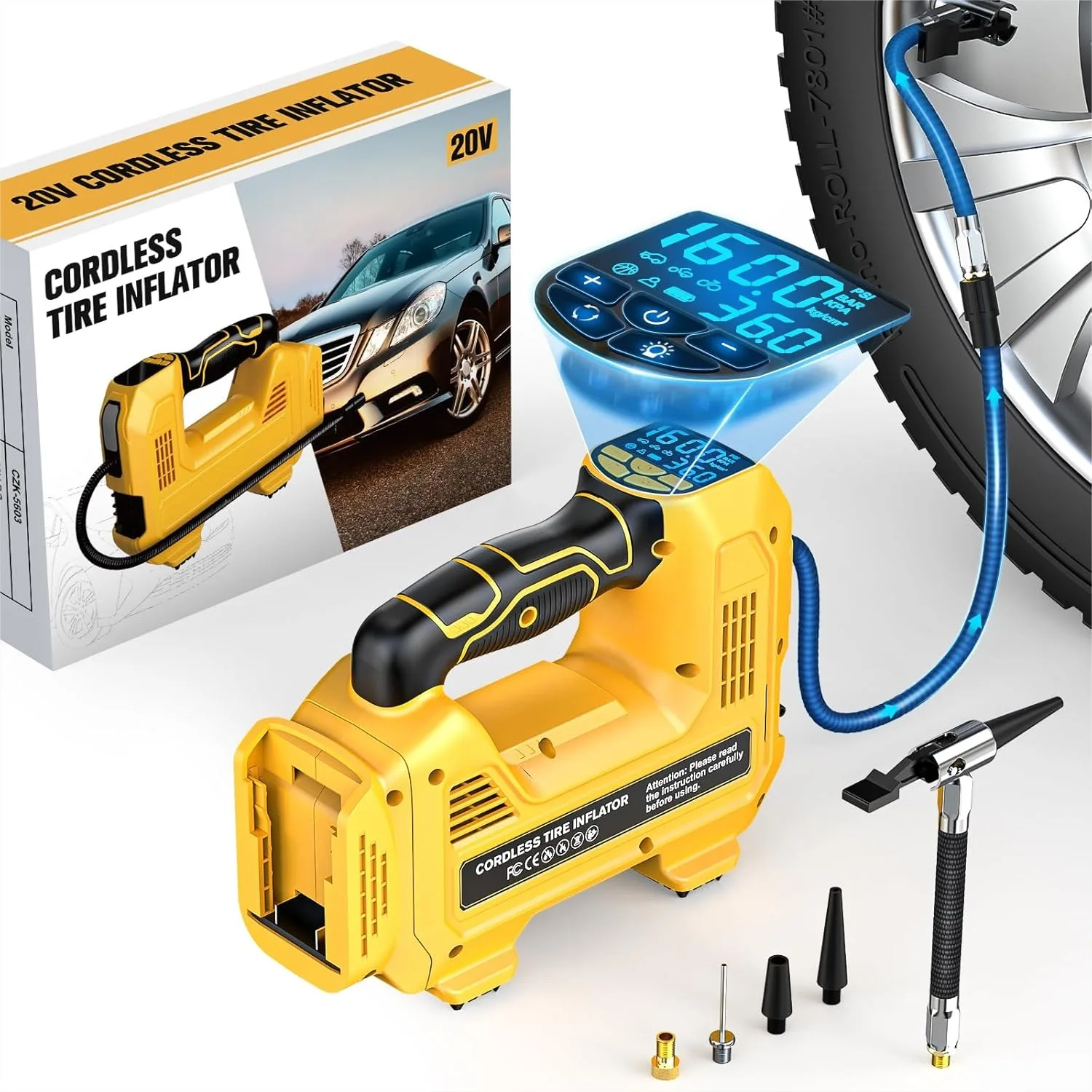 

160PSI Cordless Tire Inflator Air Compressor Compatible with Dewalt 20V Battery, Portable Handheld Air Pump with Digital Gauge