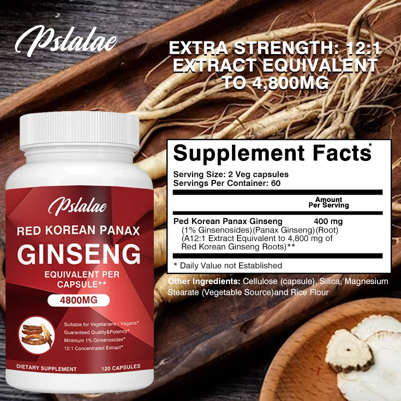 Premium Korean Red Ginseng 4,800 Mg 120 Vegetarian Capsules (2 Month Supply) Non-GMO, Extract 12:1, Gluten-Free