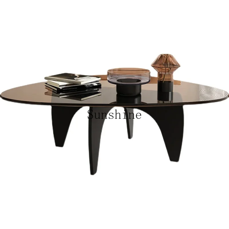 

Creative small apartment tempered glass black solid wood triangular coffee table