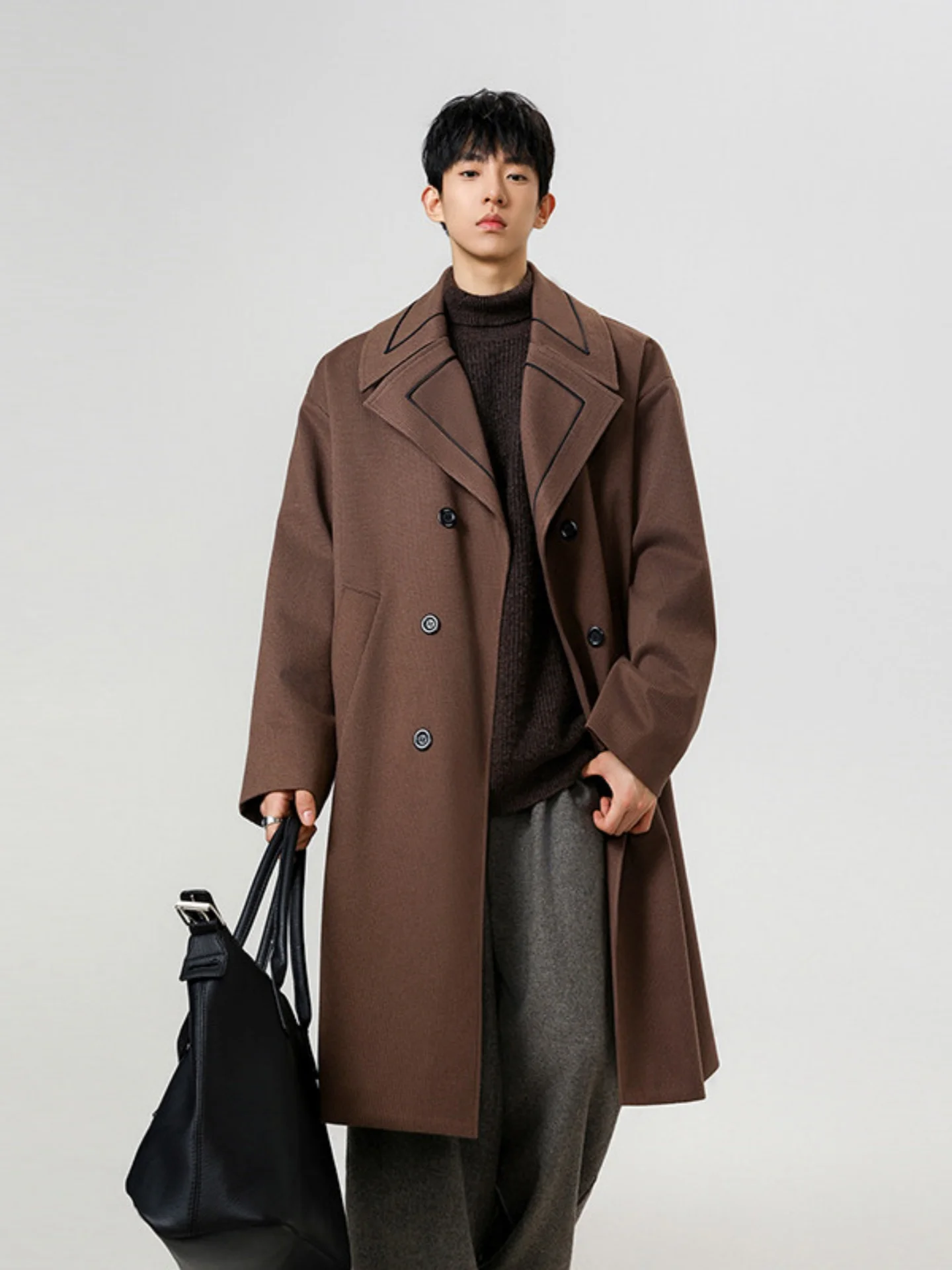 

Caramel Woolen Men's Long Over-Knee Coat with Collar Autumn New Sle High-End Briti Sle Woolen Coat Faionable Urban Fa...