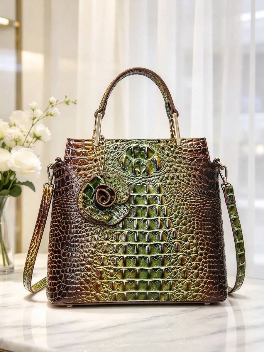 Crocodile 2‑Piece Women Handbag Set, Top‑Handle Tote Bag With Detachable Crossbody Strap, Decor Flower Charm, Matching Wristlet