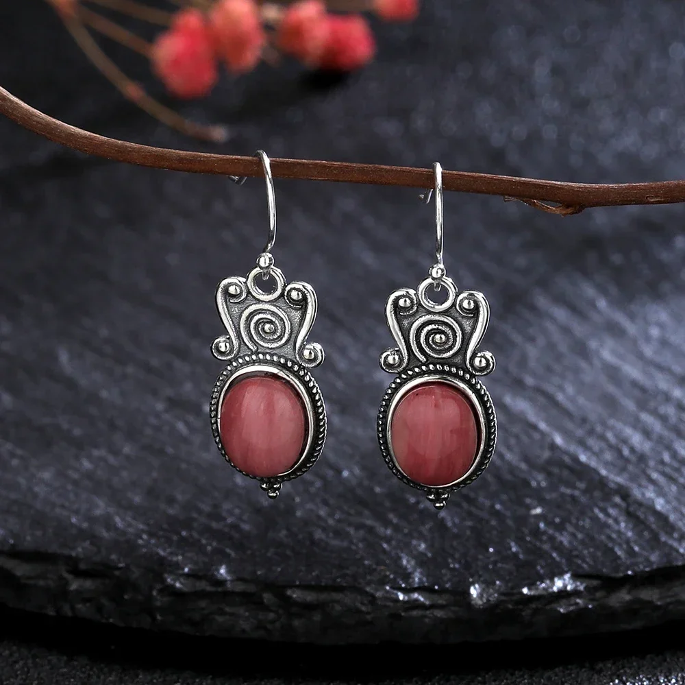 Natural Tiger\'s Eye Stone Drop Earrings 925 Sterling Silver Earrings for Women New Style Rhodochrosite Vintage Ear Jewelry