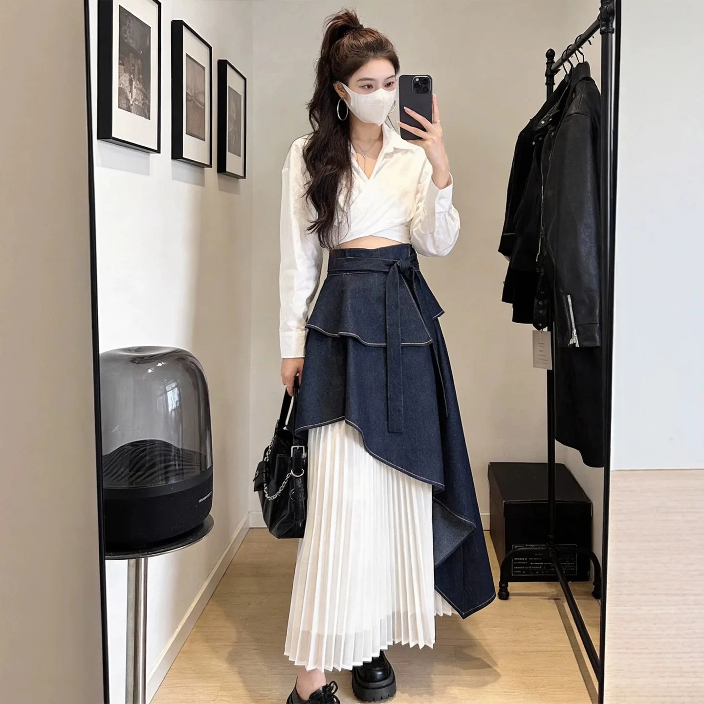Harajuku Two-tier Asymmetrical Denim Pleated Midi Skirt High Waist Belted A-line Skirt Women Irregular Chic Streetwear Trendy