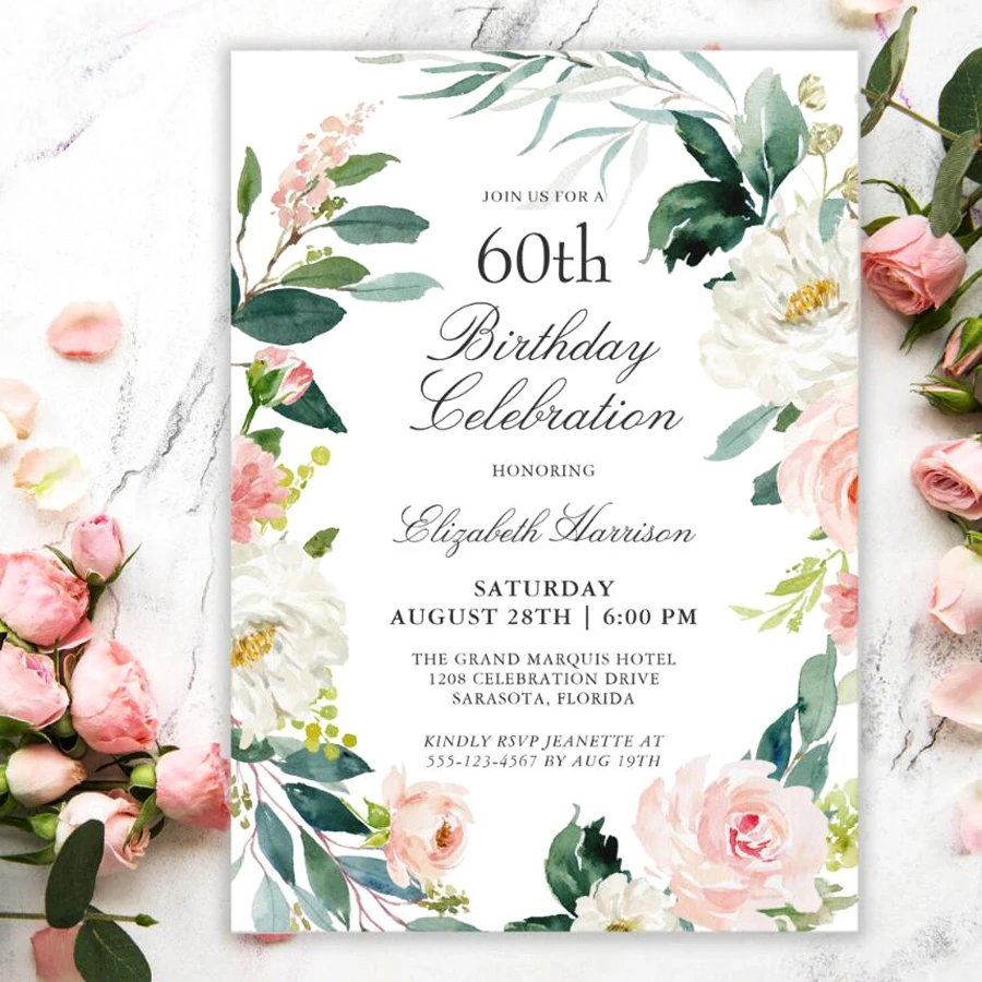 20/100pcs Personalized Birthday Invitation, Elegant Floral Design Series Birthday Invitation