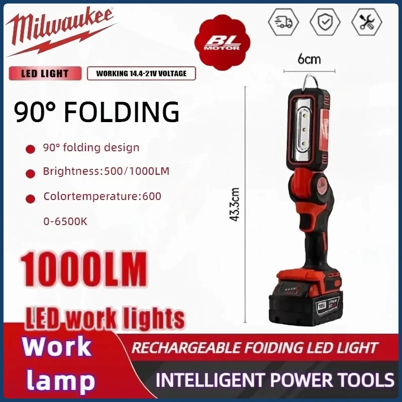 

Milwaukee 90° Work Lights LED Folding Two Levels Adjustable Car Repair Flashlight Home Emergency Camping Tool for 18V Battery