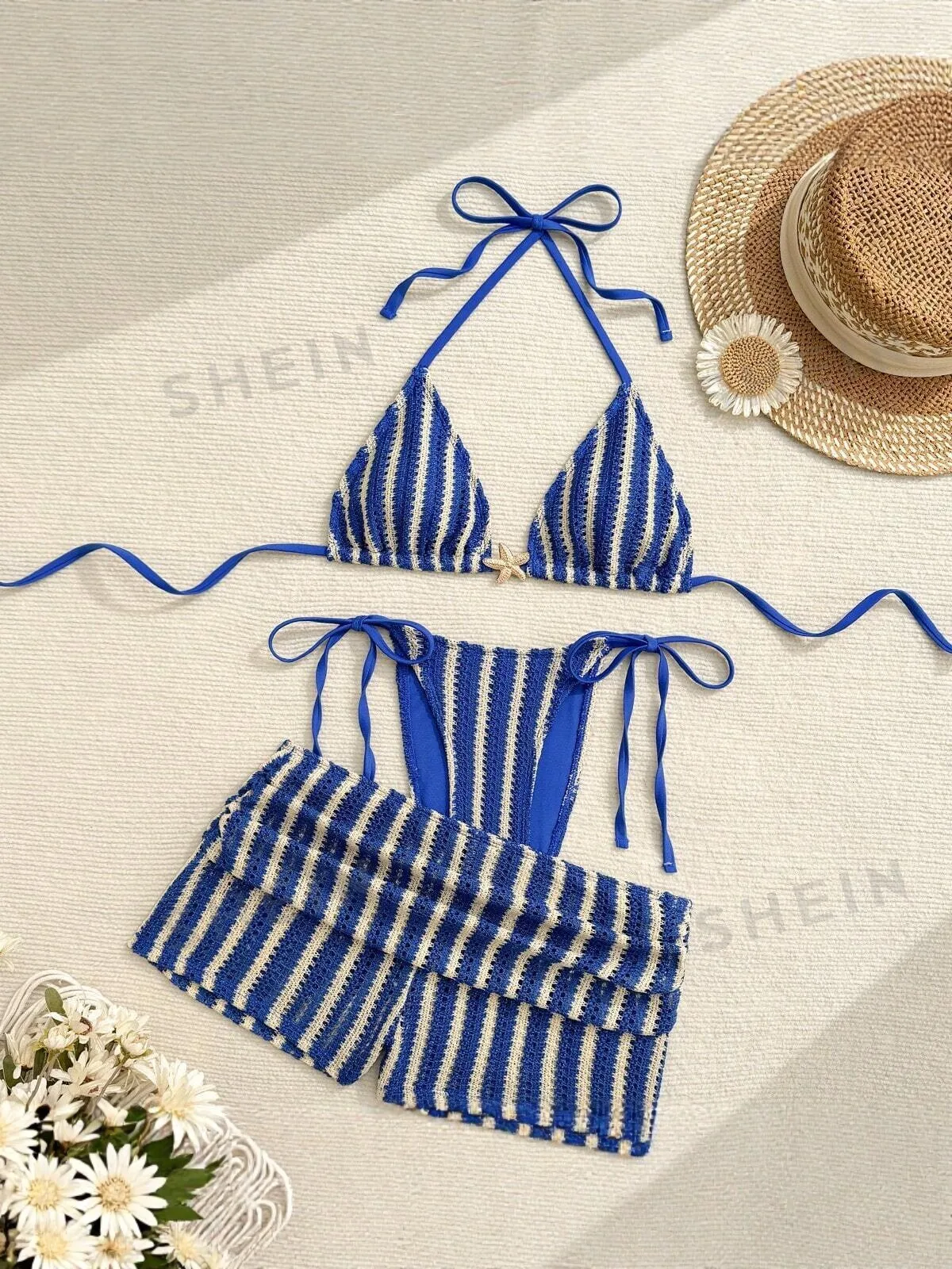2026 Sequin Starfish High Waisted Shorts Two Piece Bikini Set Women Sexy Thongs Shorts Set 3PCS Swimwear Beach Vacation Summer